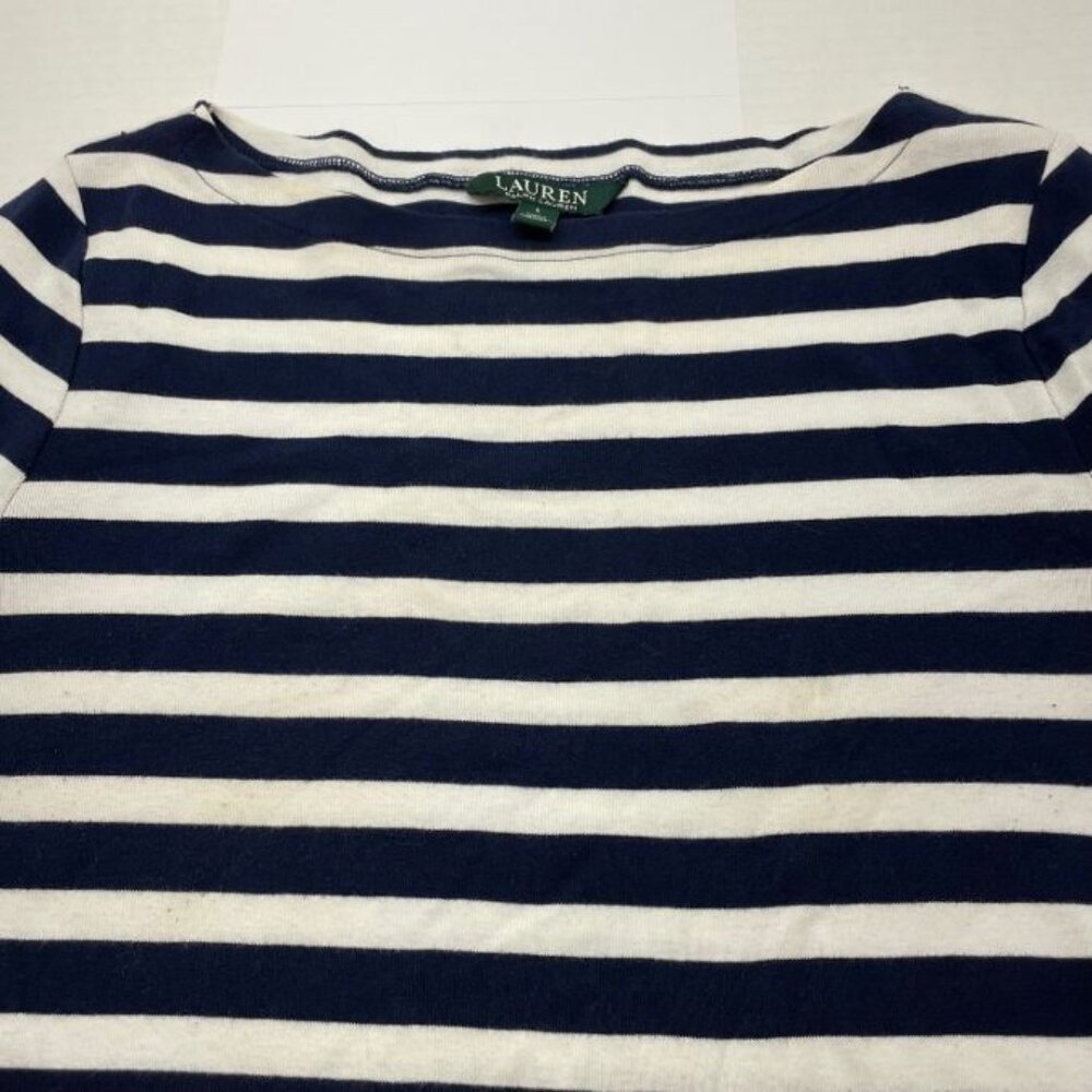 Lauren Ralph Lauren Women's Top - Navy Blue & White Striped - Size L - FAIR